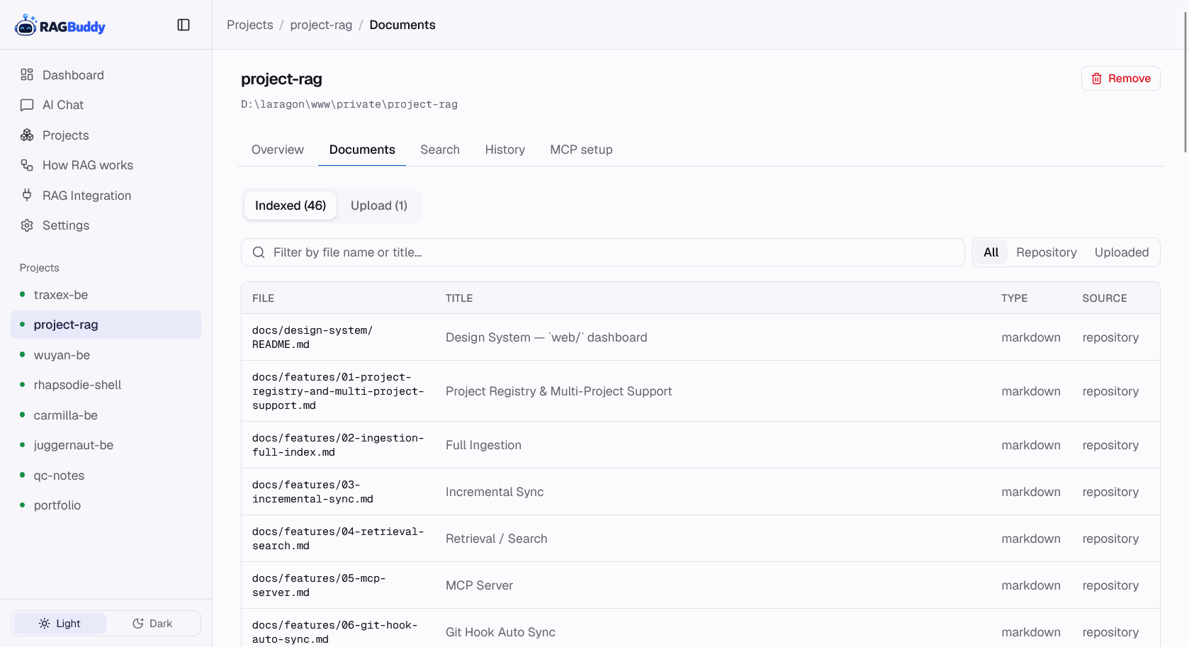 Indexed documents table with staleness badges