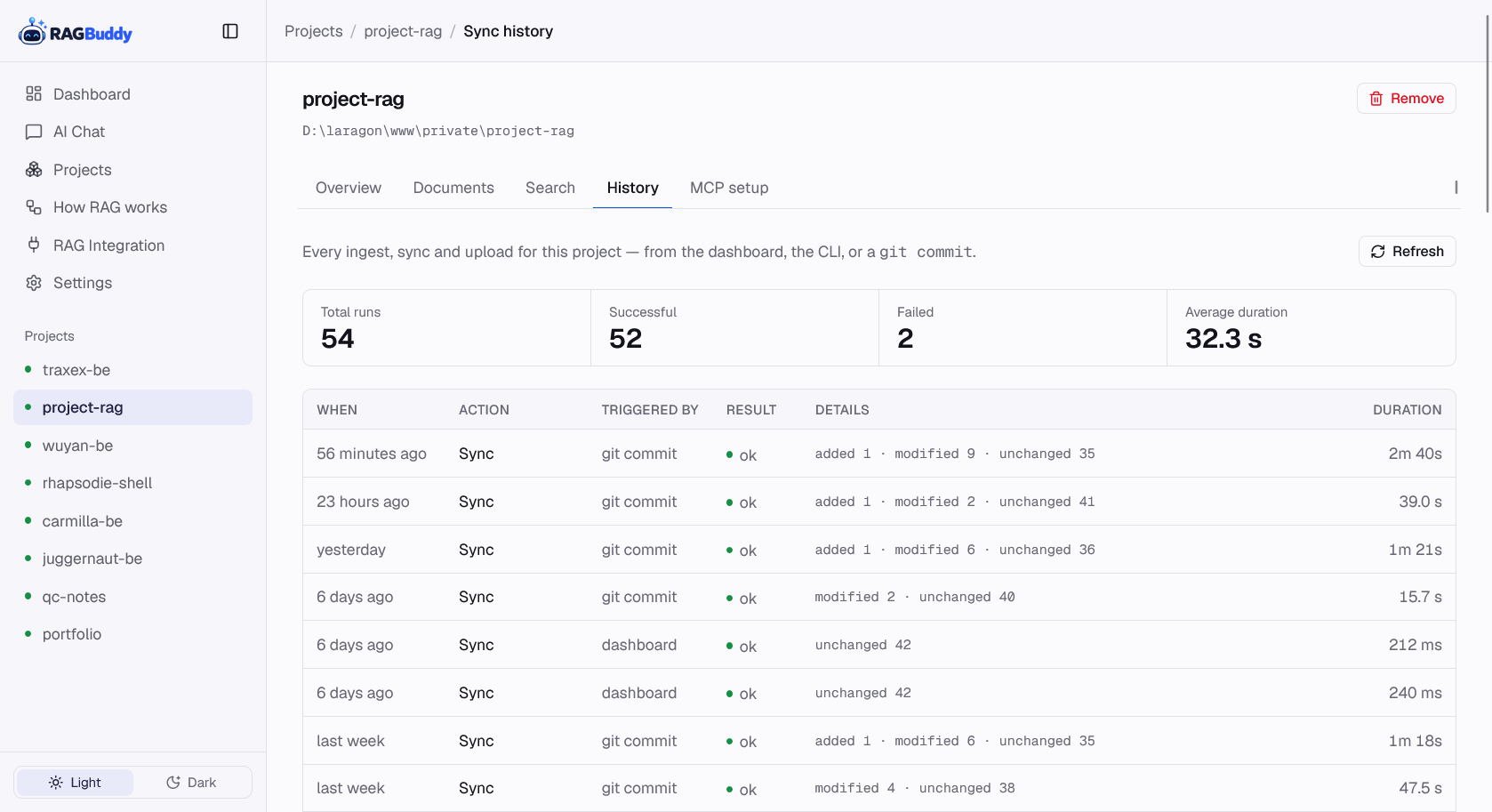 Sync history table with per-run status and duration