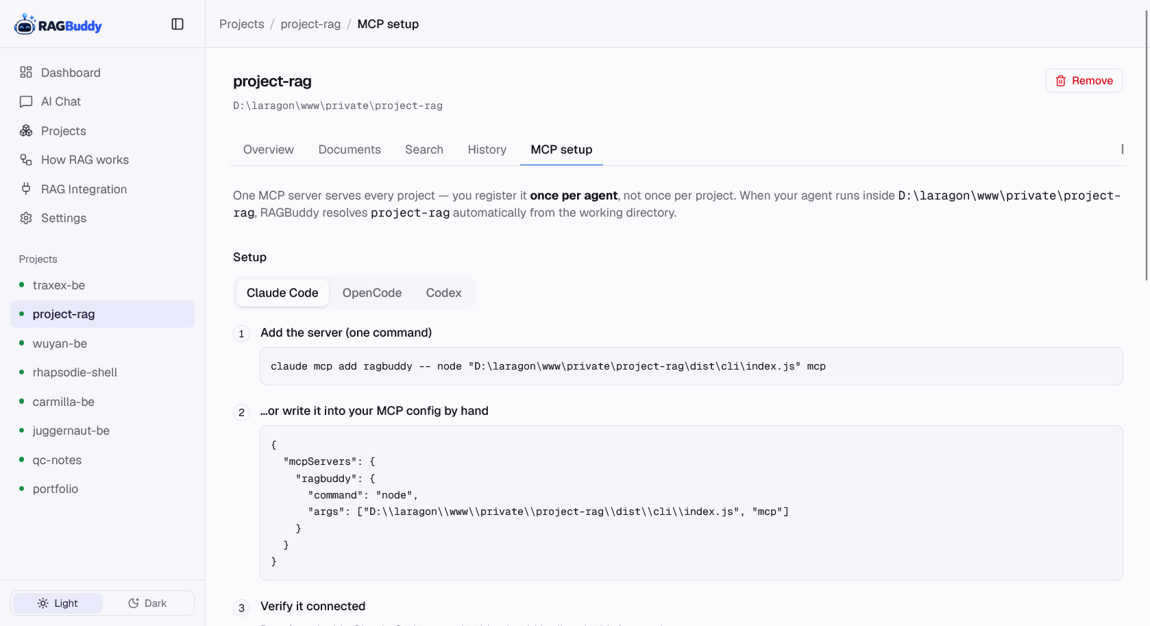 MCP setup wizard with per-agent configuration steps