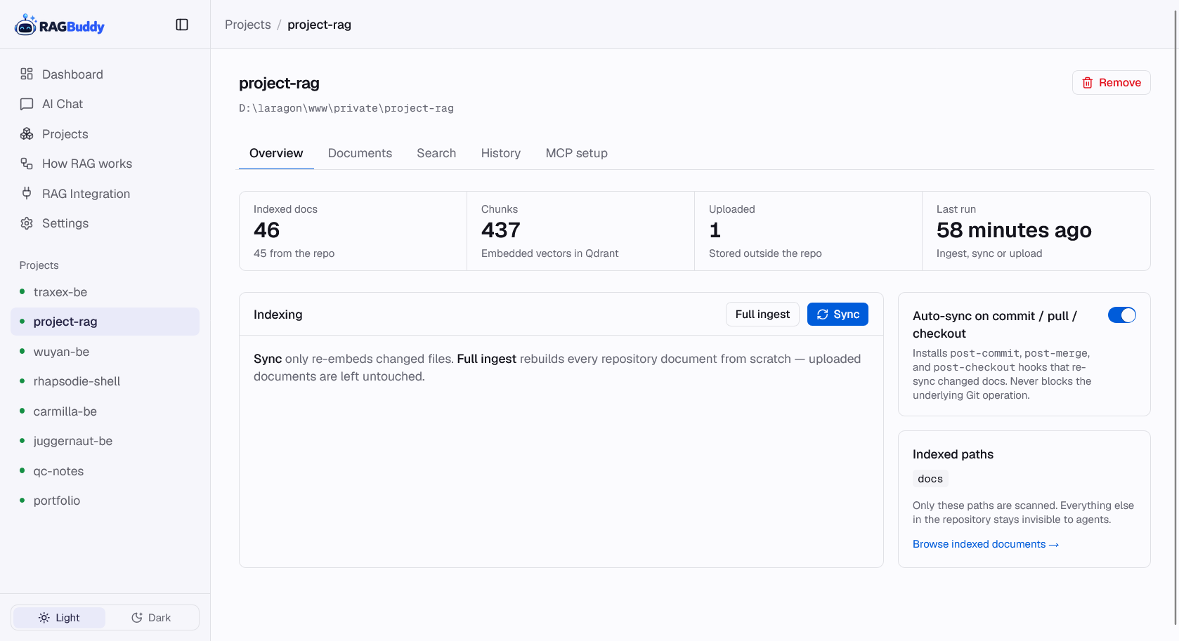 Project overview with live ingest log stream